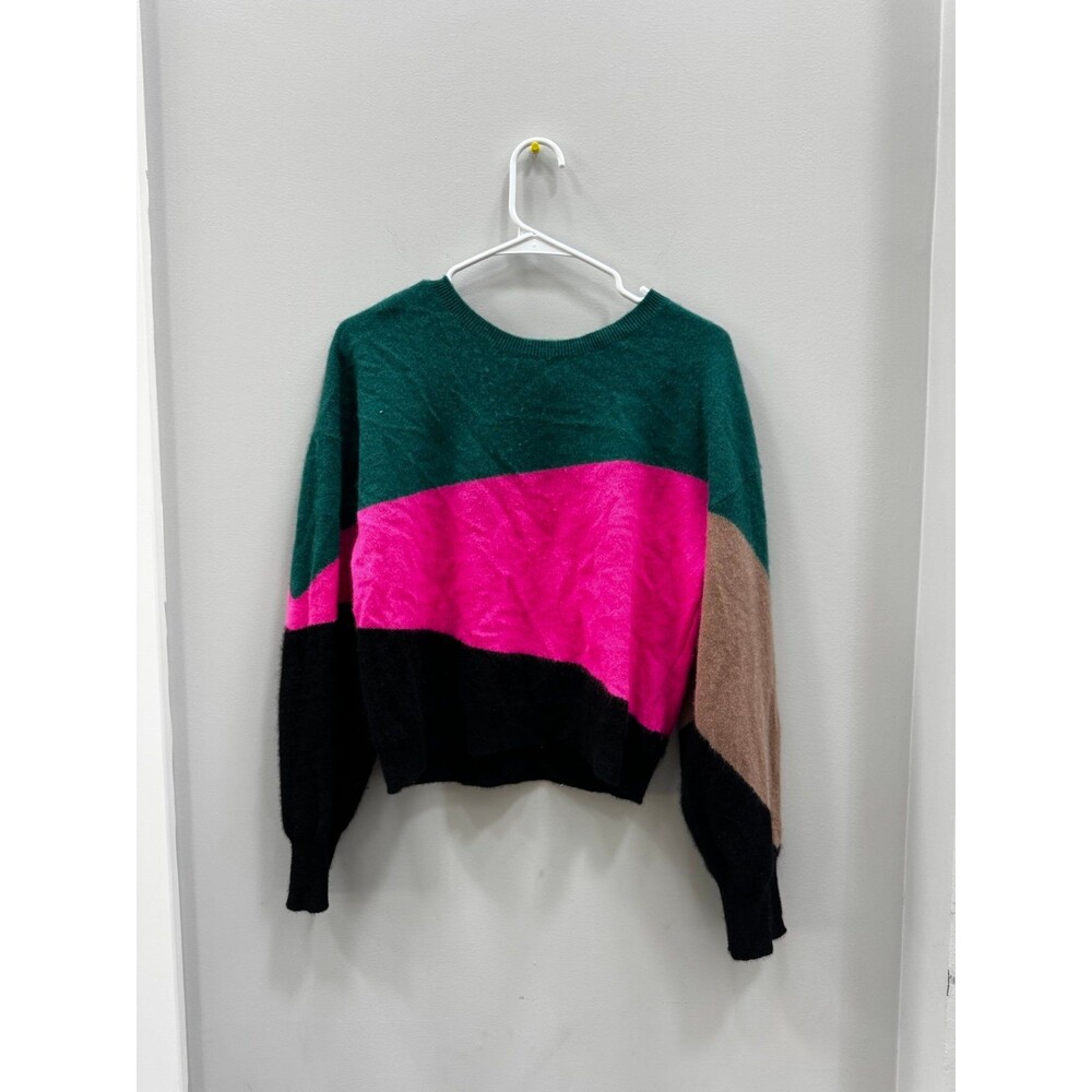 Aqua Colorblock Green Pink Black Cashmere Crewneck Sweater Large